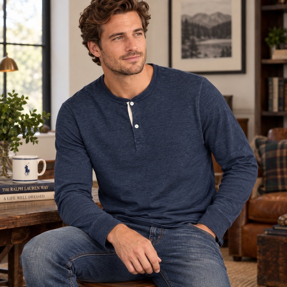 Polo Ralph Lauren Mens Blue Heather Long Sleeve Henley Shirt Size Large L Cotton